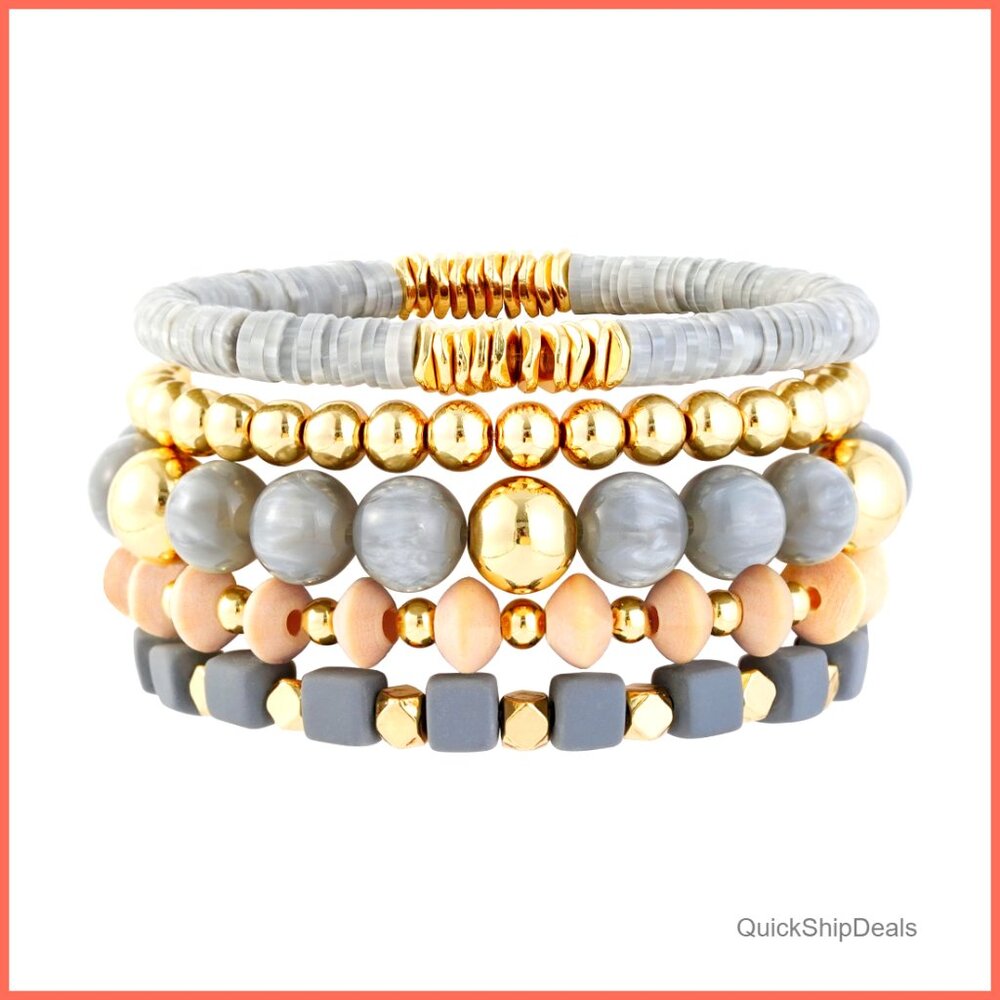 Stretch Beaded Bracelets Set Stackable Crystal Go… - image 1